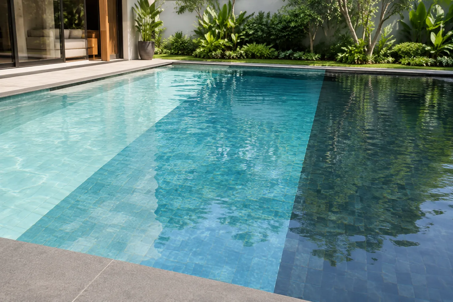 Air kolam menunjukkan variasi warna pada bidang dasar yang berbeda
