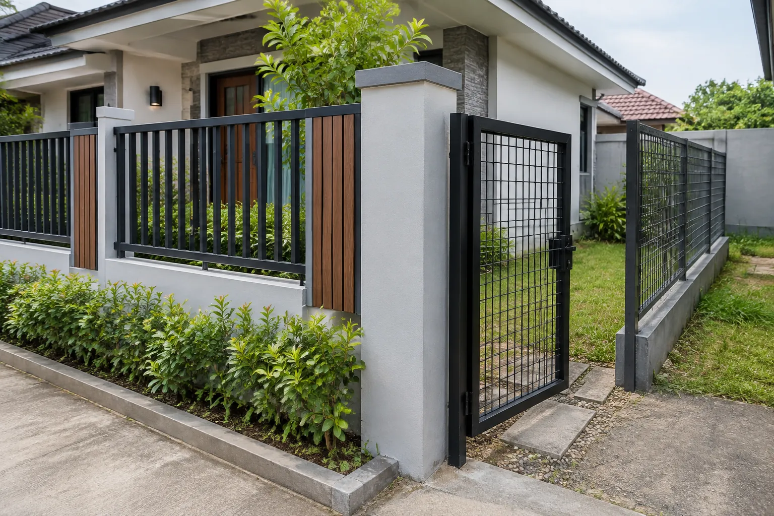 Pagar kombinasi logam dan kayu di batas halaman