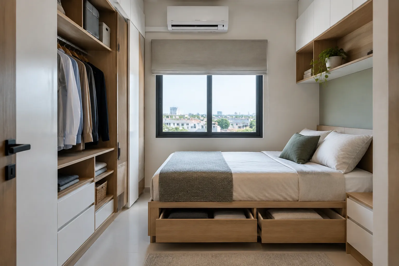 Kamar tidur sempit dengan laci tempat tidur, lemari, dan rak dinding