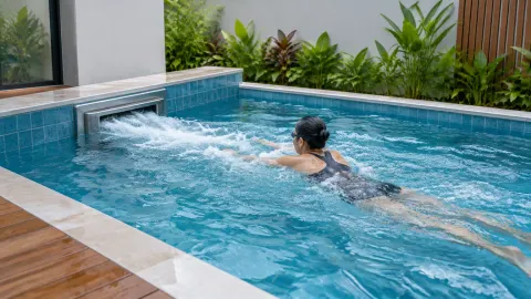Orang berenang melawan aliran air di kolam kecil