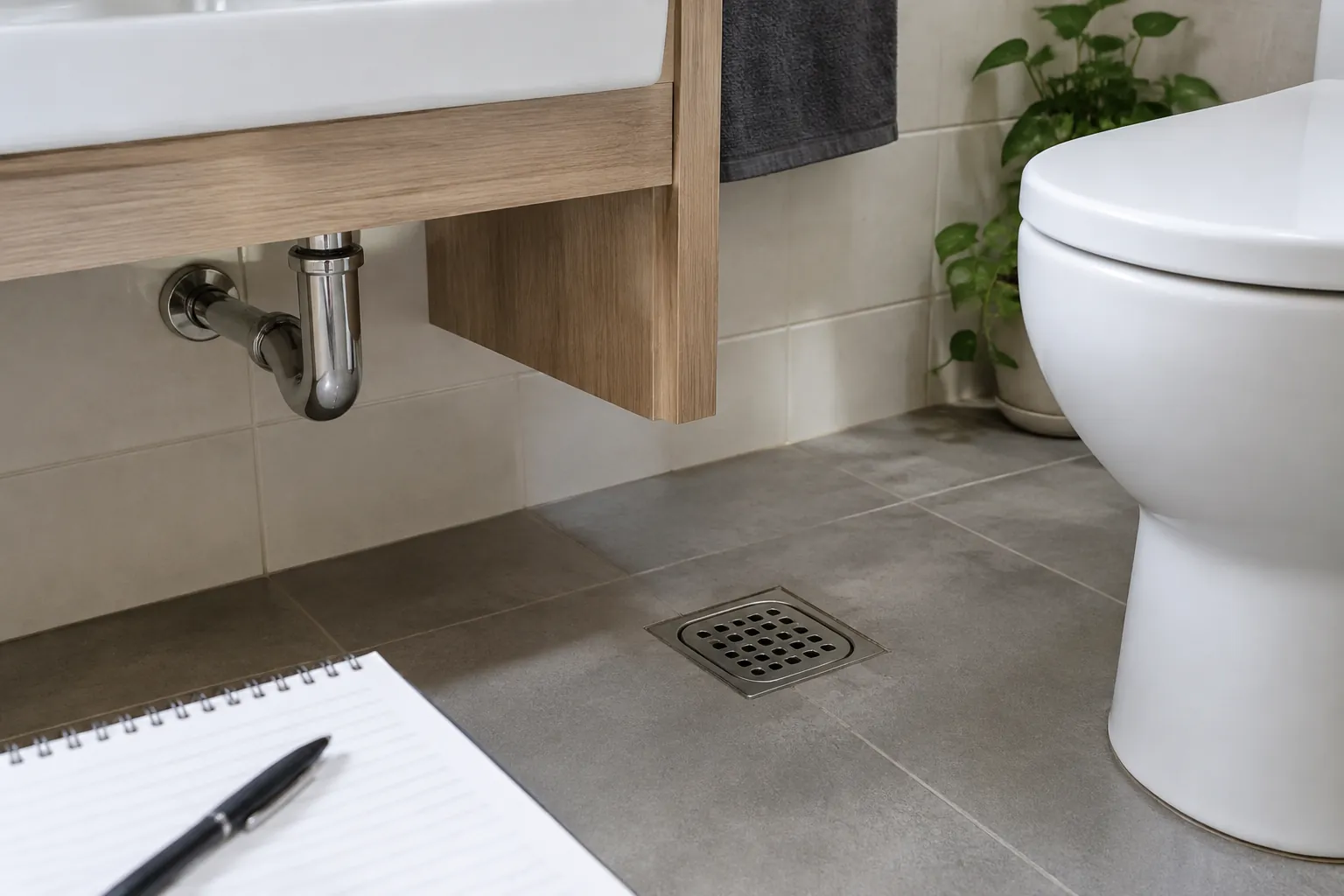 Saluran lantai dekat wastafel dan toilet kamar mandi