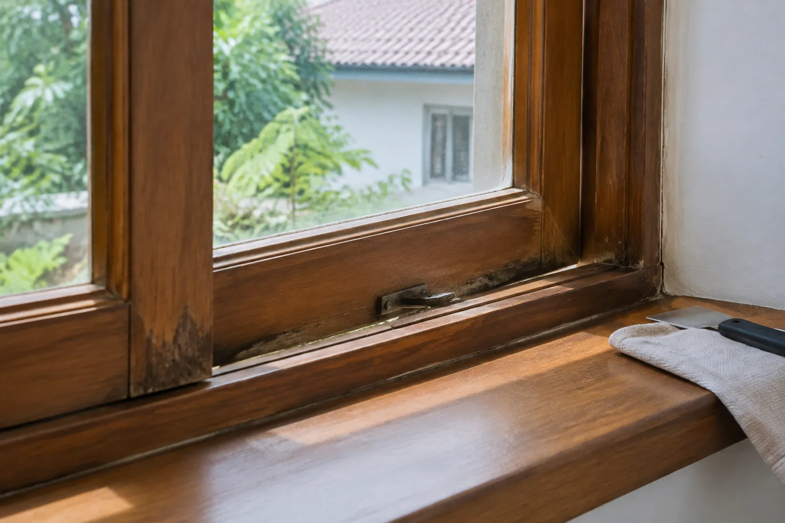 Bagian bawah kusen jendela kayu dengan cat aus dan noda