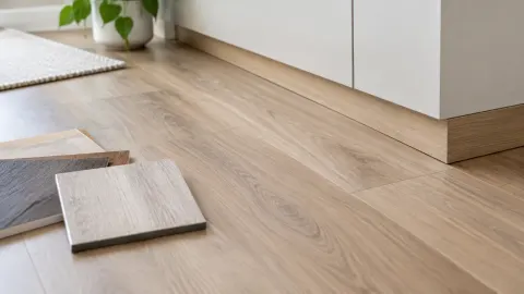 Panel lantai kayu di ruang dalam