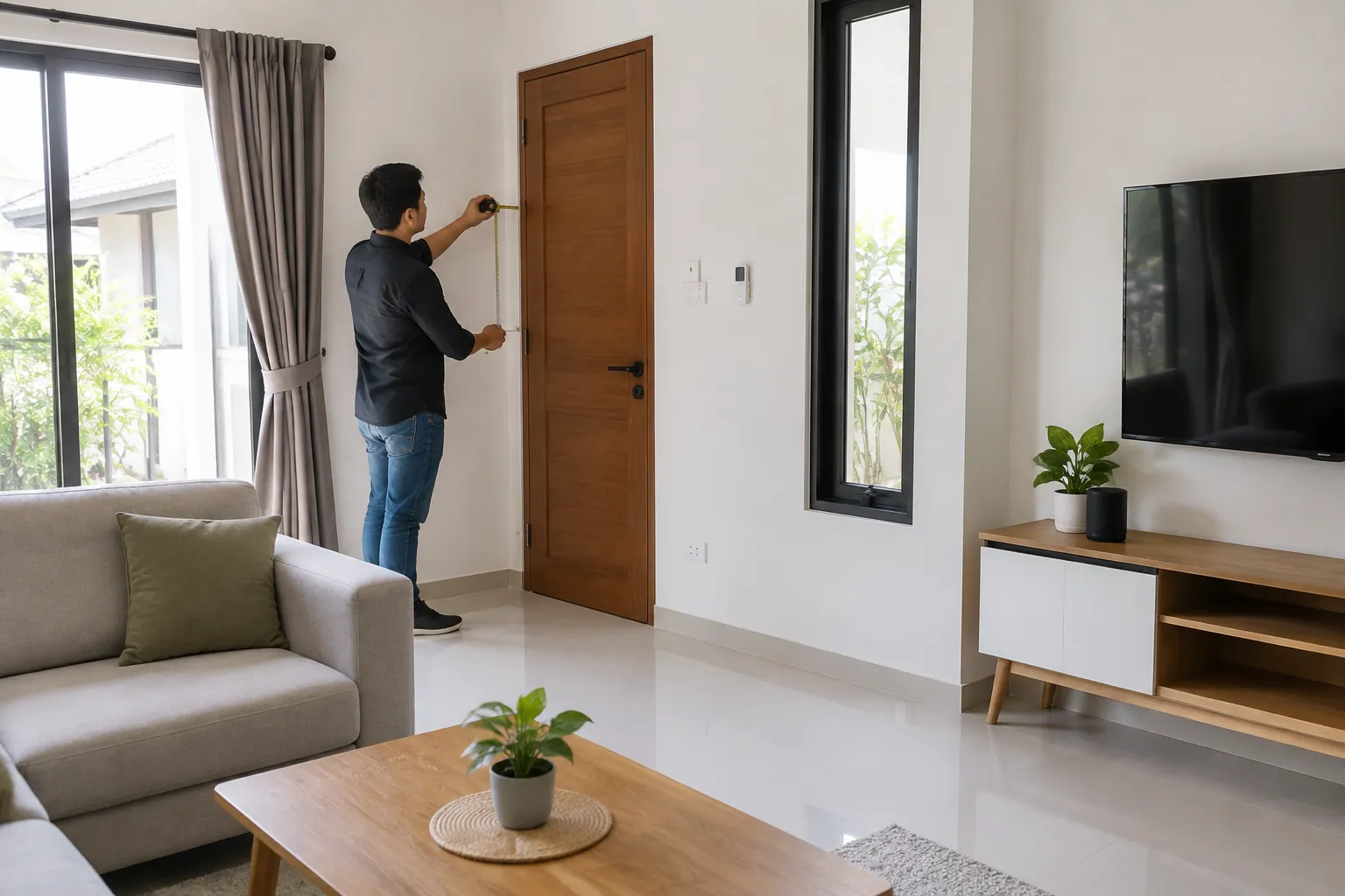 Pekerja mengukur dinding dekat pintu untuk menentukan lokasi perangkat