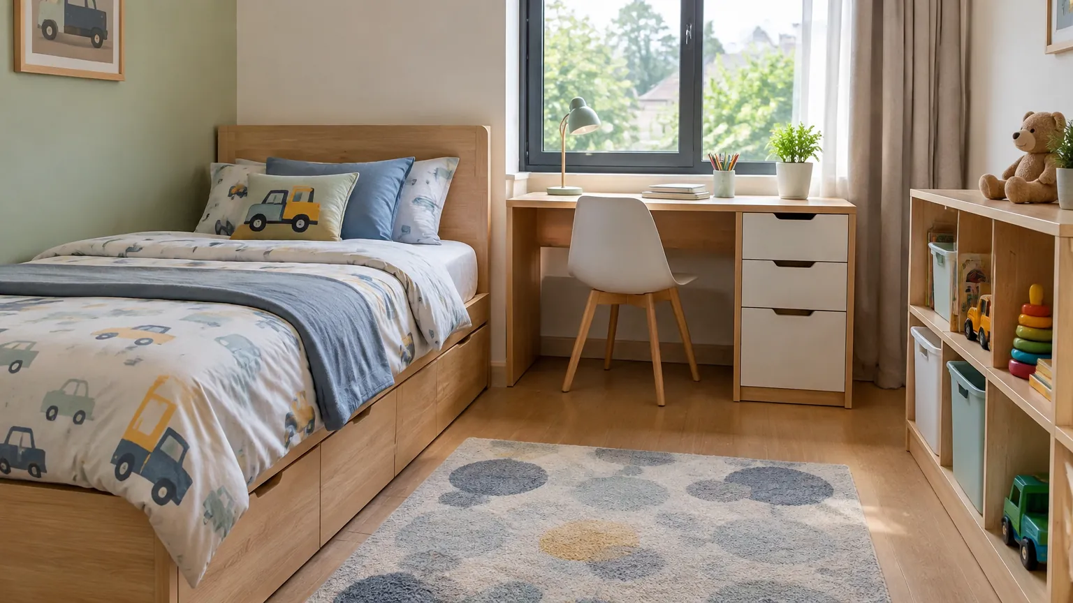 Kamar anak dengan tempat tidur, meja, dan rak dekat jendela