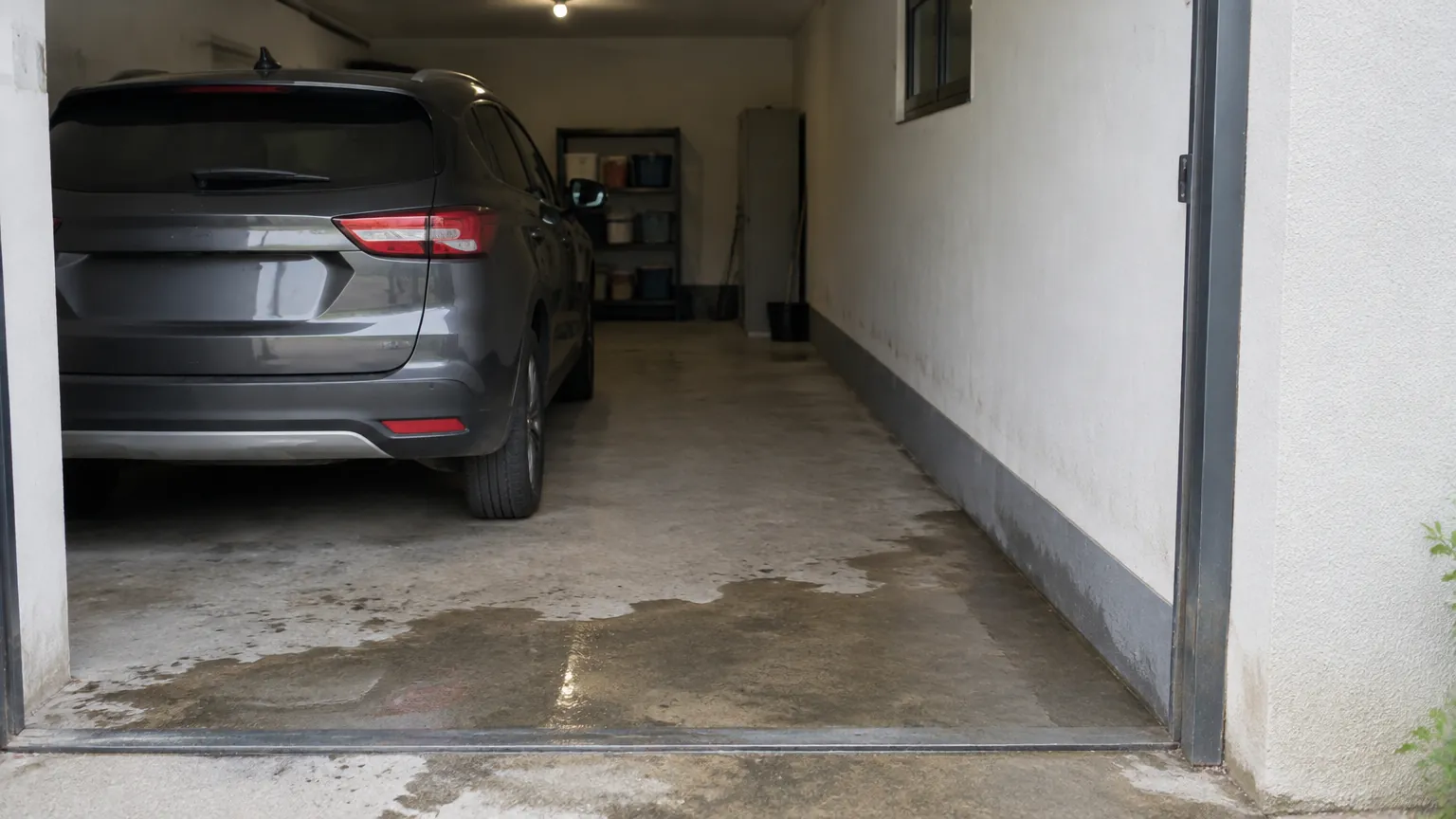 Garasi rumah dengan area lantai basah di dekat pintu masuk