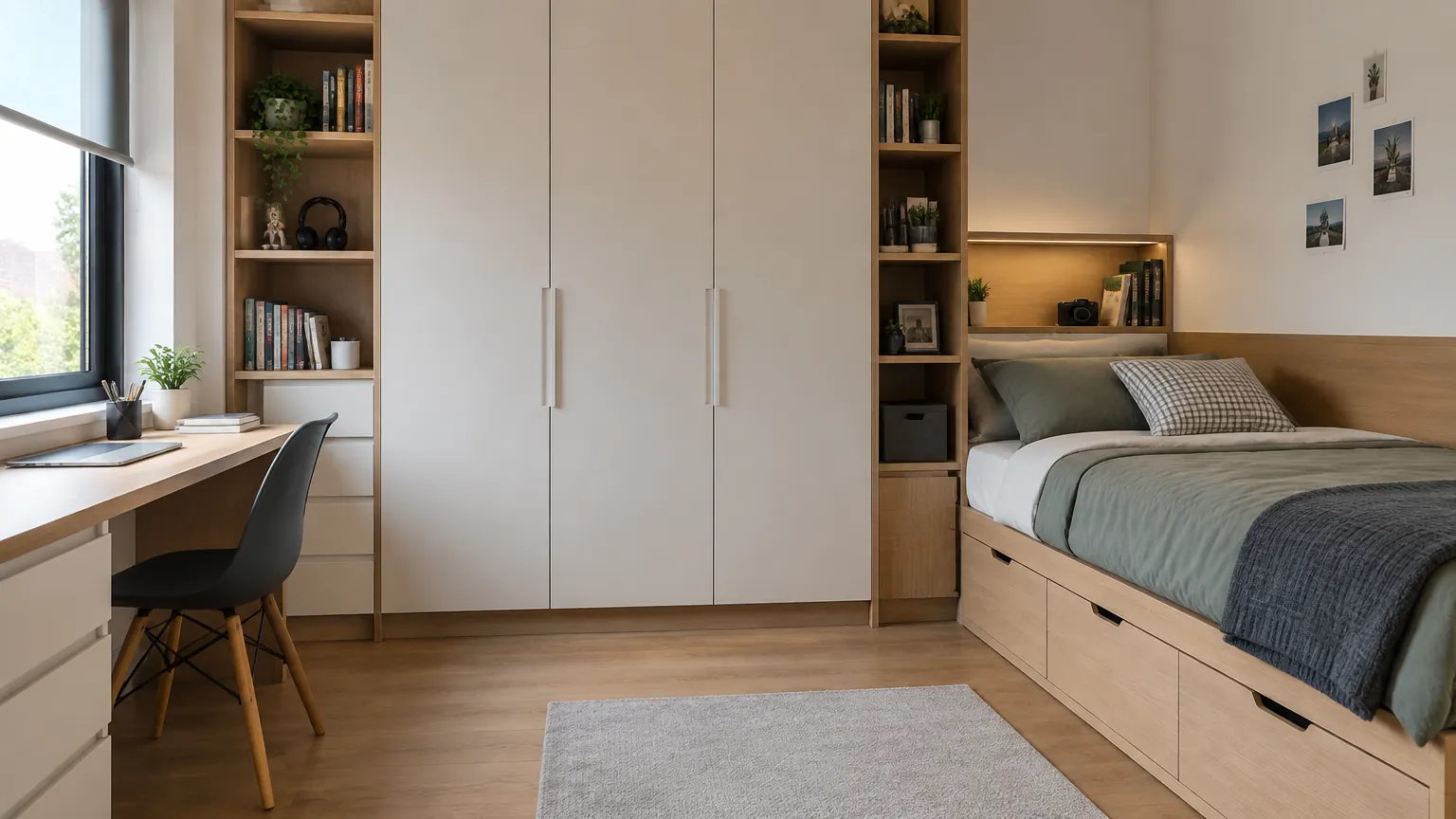 Kamar remaja dengan lemari dan rak built-in