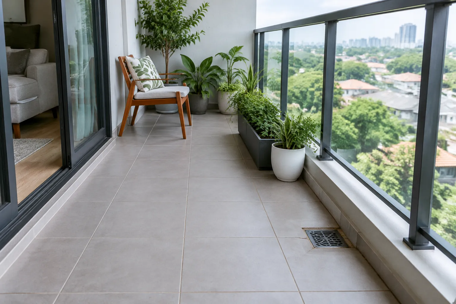 Saluran pembuangan pada lantai balkon dekat pagar kaca