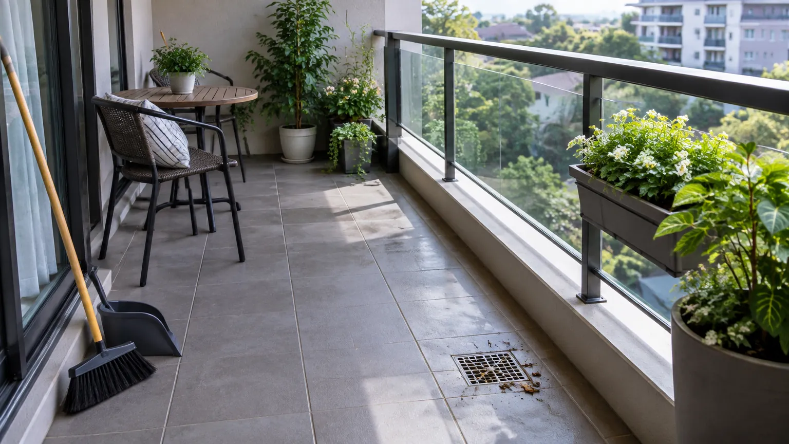 Balkon rumah dengan tanaman, kursi, dan saluran lantai