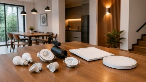 Beberapa pilihan lampu dan fitting diletakkan di atas meja