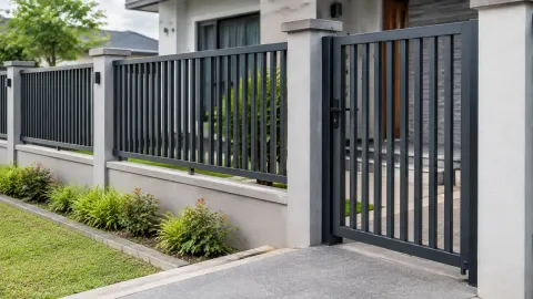 Pagar logam dengan gerbang pada batas depan rumah