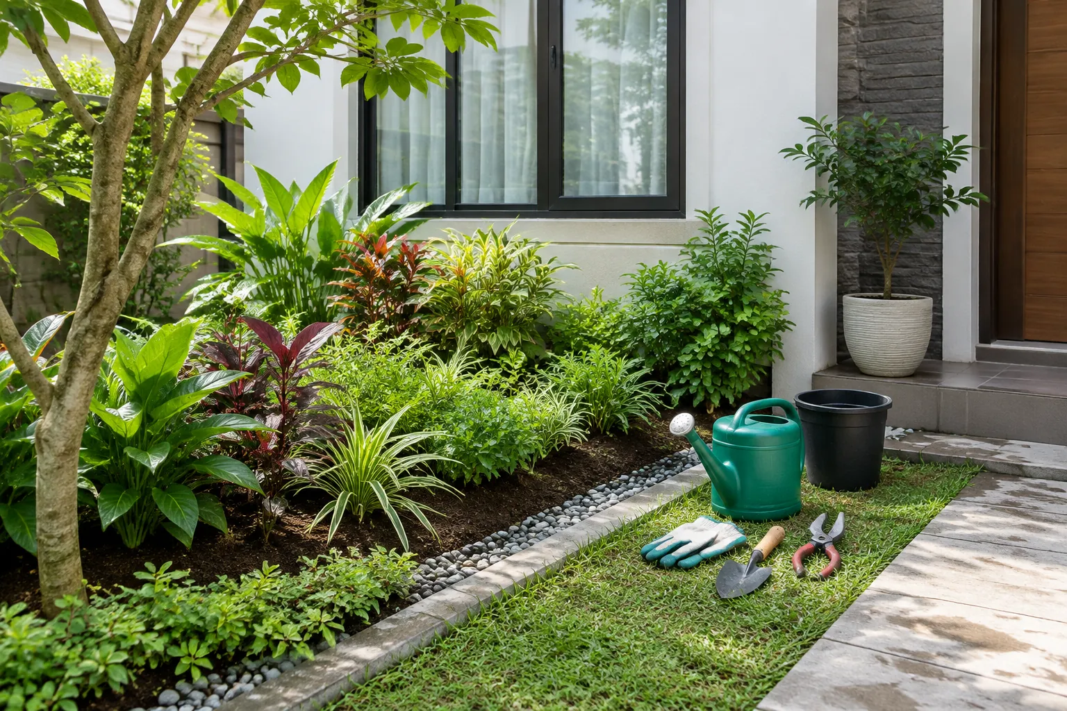 Taman depan rumah dengan tanaman dan alat berkebun