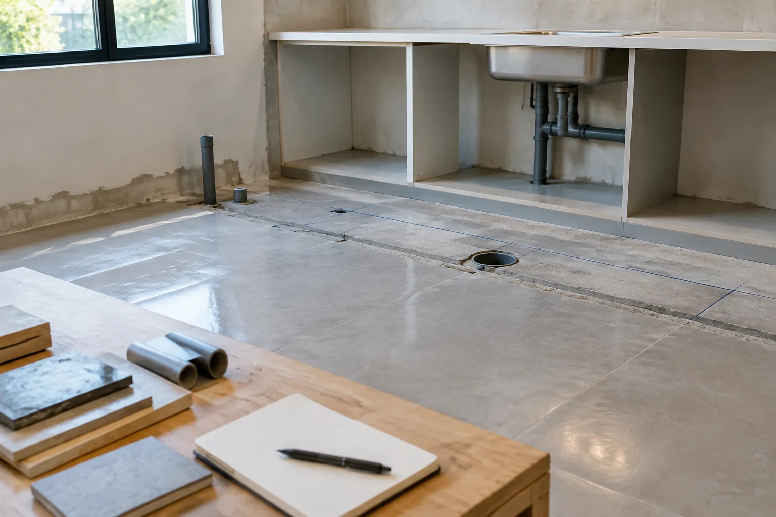 Jalur pipa lantai dapur masih terbuka sebelum finishing