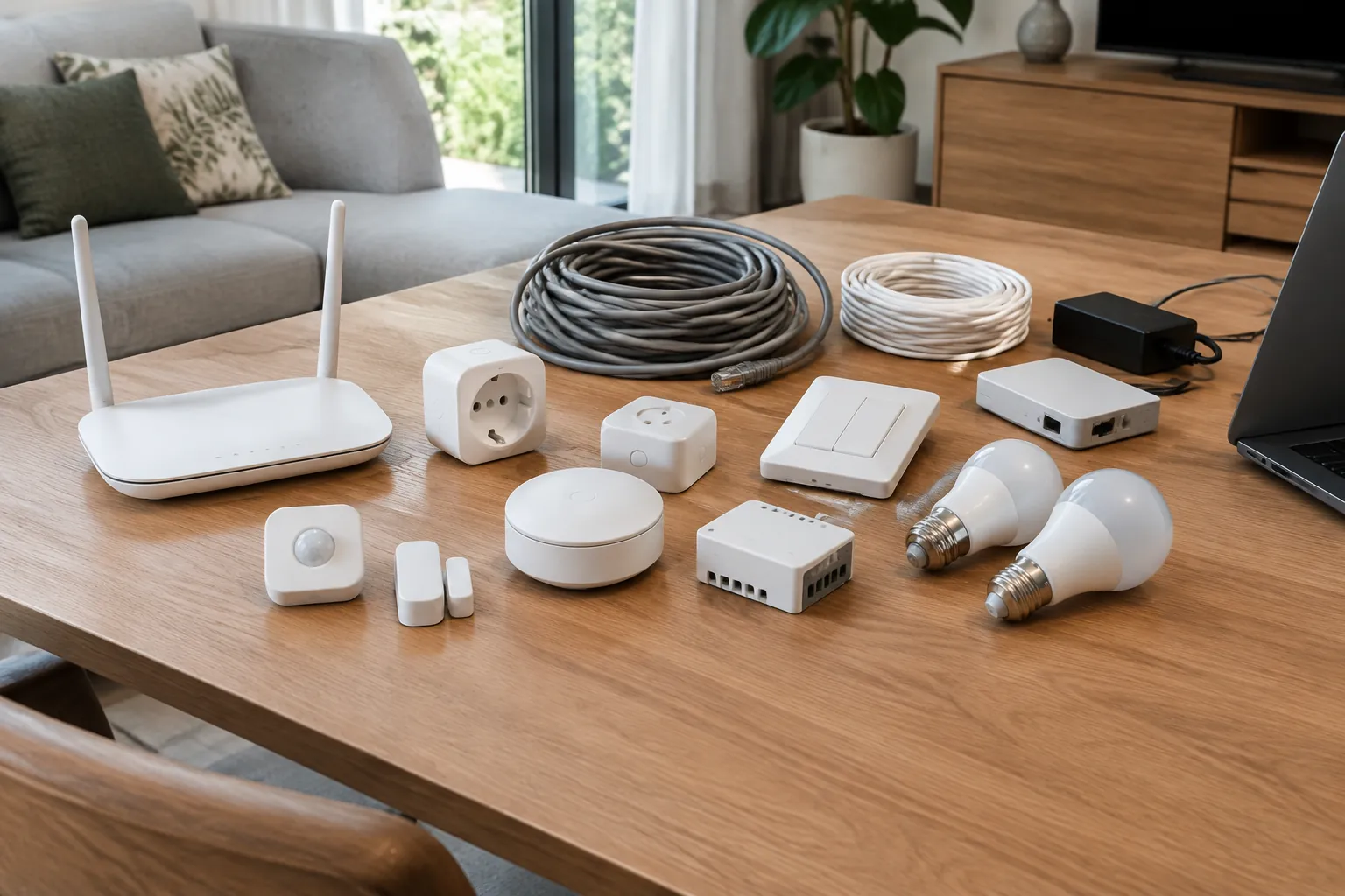 Router, sensor, kamera, dan lampu pintar disiapkan bersama di atas meja