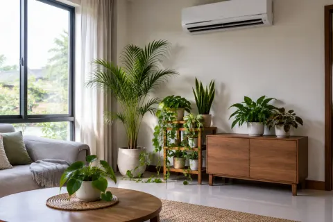 Tanaman indoor di ruang keluarga dengan unit AC pada dinding