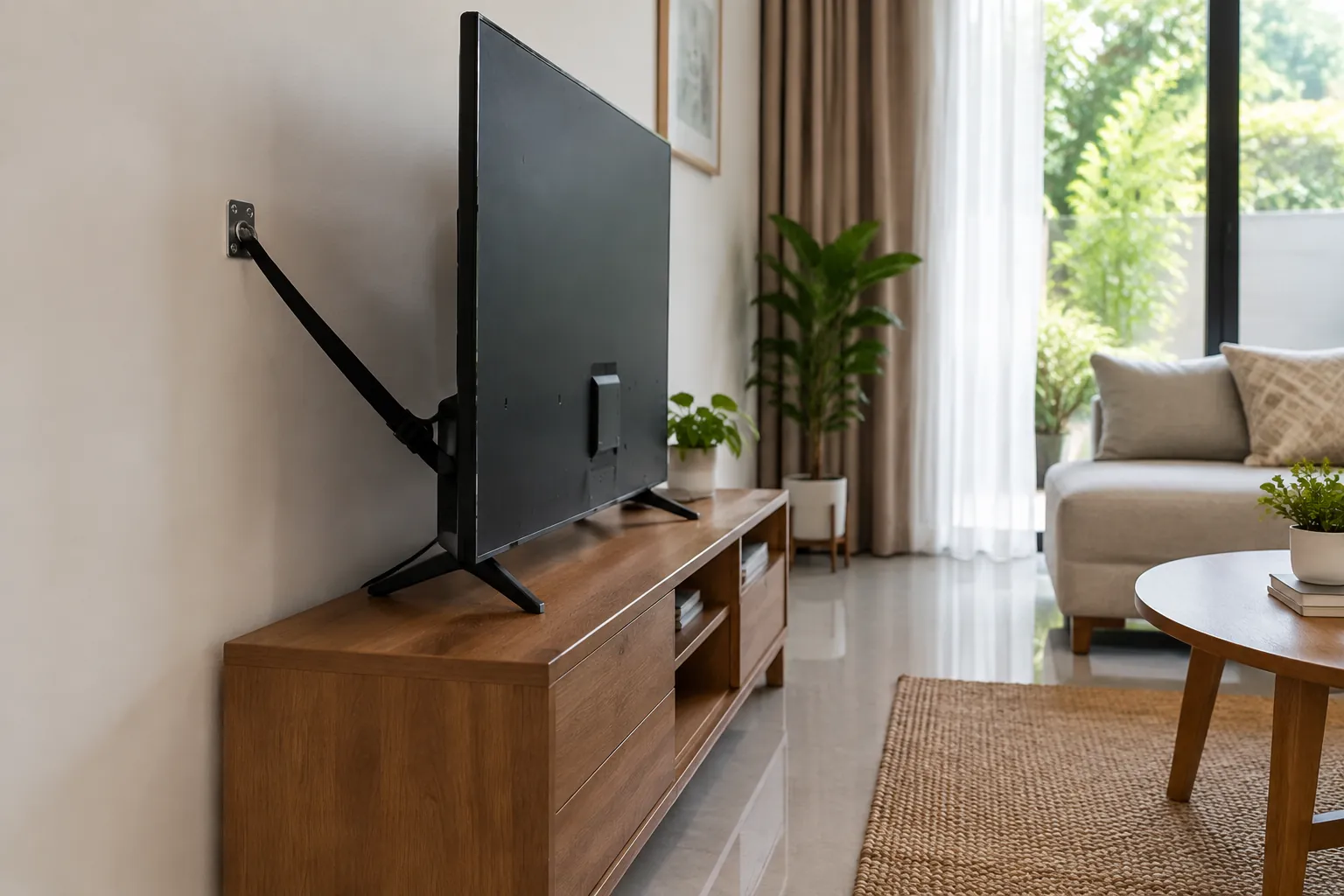 Televisi berada pada lengan dudukan yang dapat bergerak dari kabinet ruang keluarga