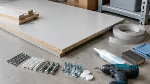 Papan material dan komponen rak gudang