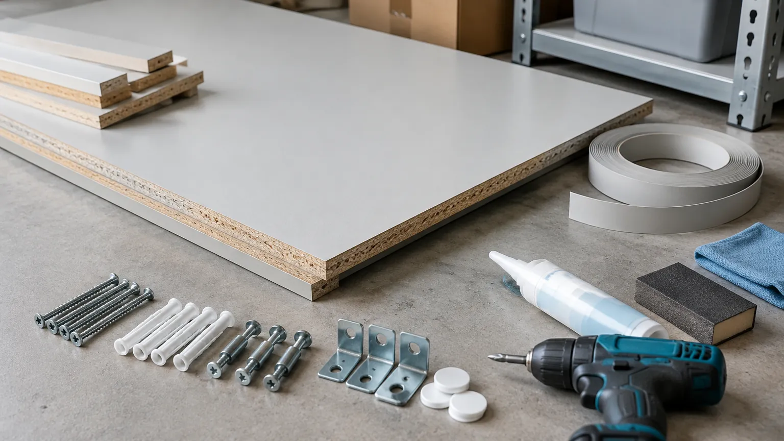 Papan material dan komponen rak gudang
