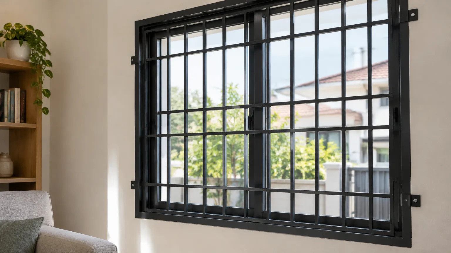 Grille logam hitam dengan pola kotak di depan jendela