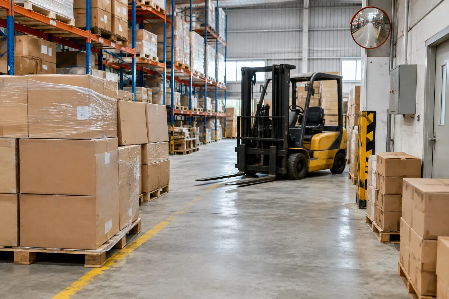Tumpukan kardus miring berada dekat jalur forklift