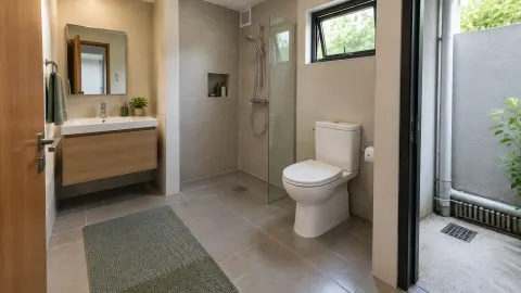 Kamar mandi dengan pancuran dan bukaan luar