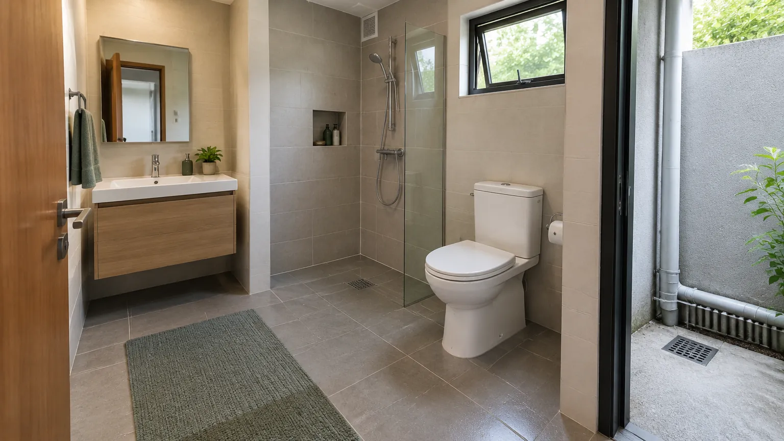 Kamar mandi dengan pancuran dan bukaan luar
