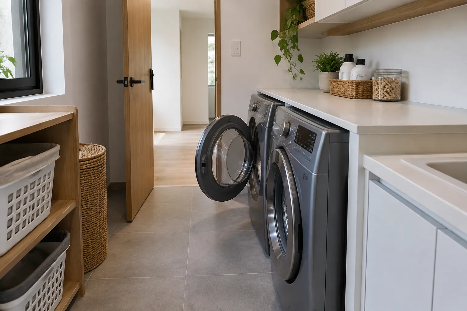 Pintu mesin cuci terbuka ke jalur berjalan ruang laundry