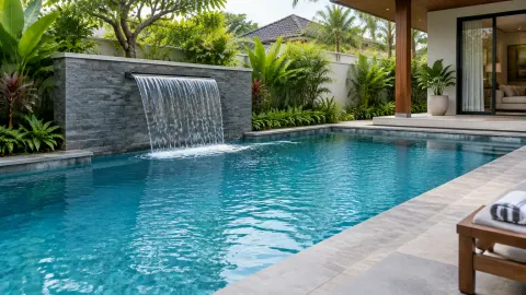 Kolam renang dengan air terjun dinding di sisi taman