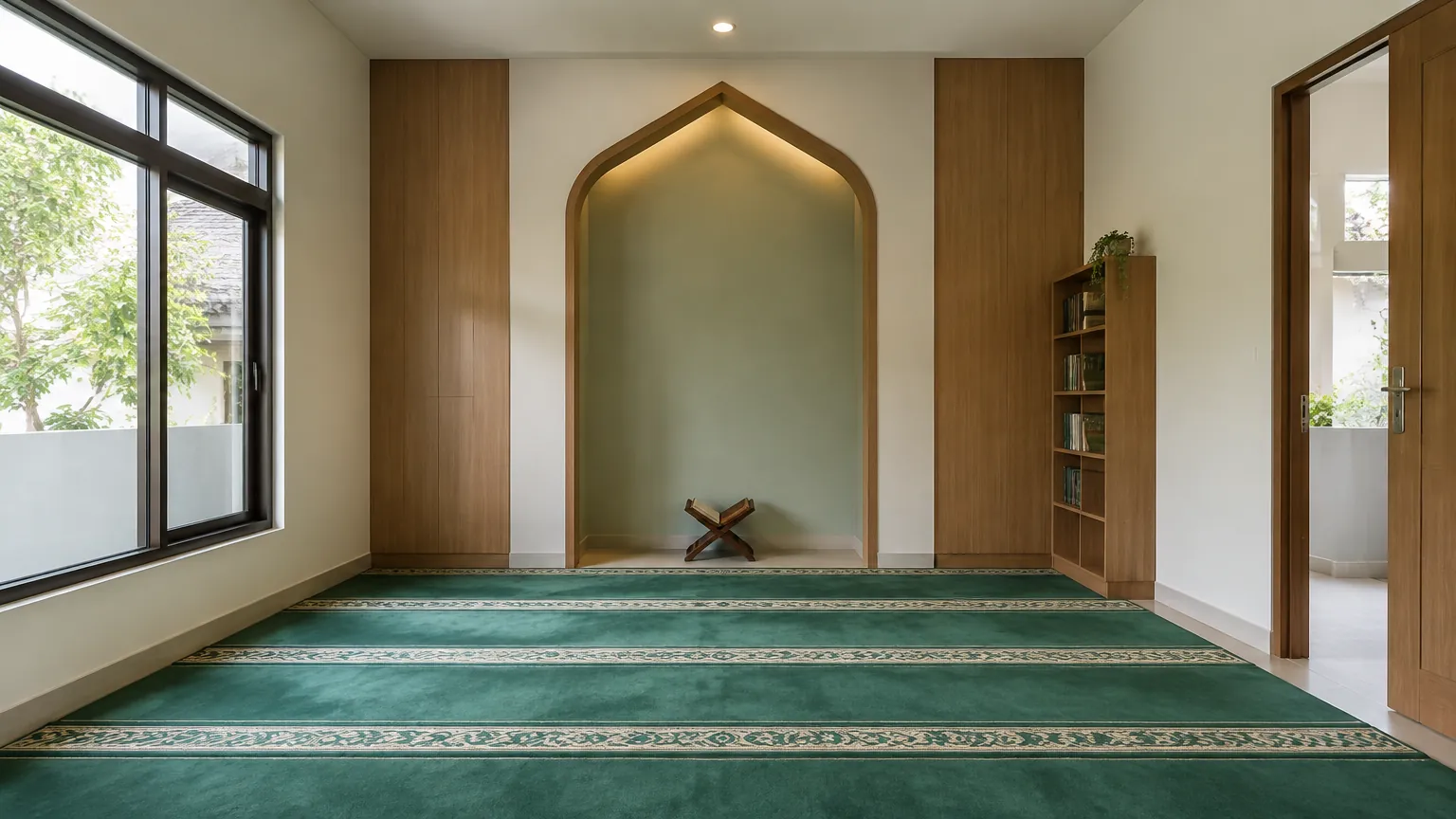 Musala kecil dengan dinding depan hijau dan karpet salat