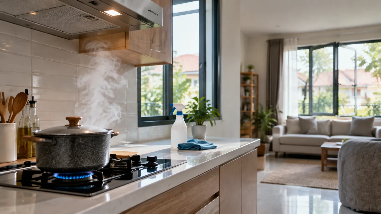 Dapur terbuka ke ruang keluarga saat kegiatan memasak