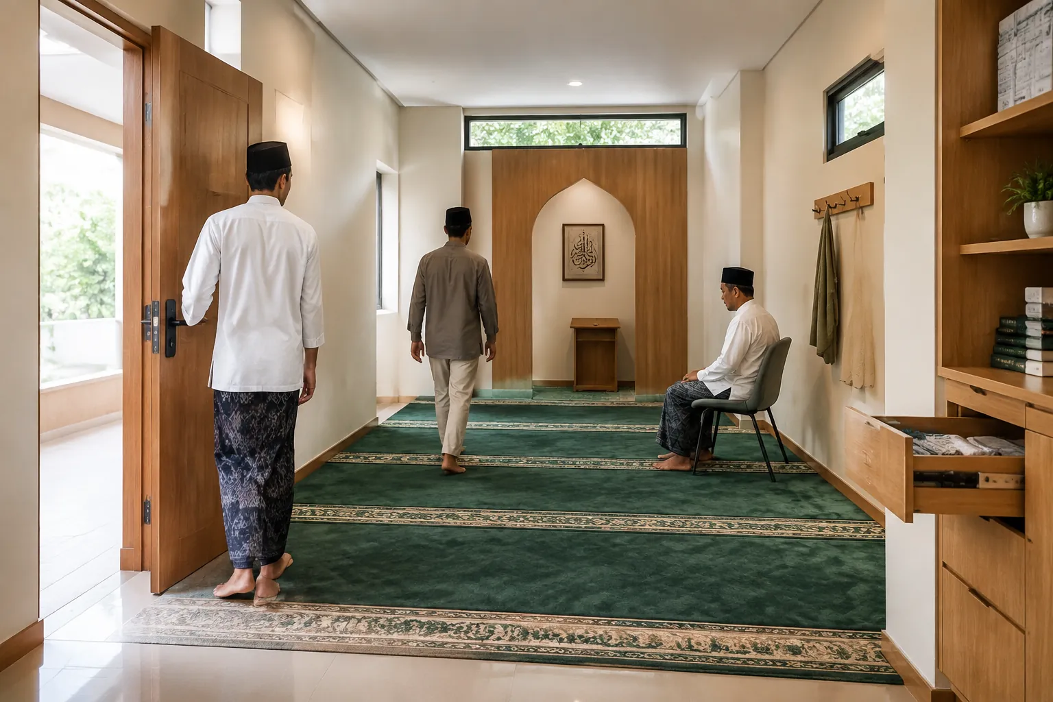 Beberapa pengguna melintas dan duduk di sisi ruang salat
