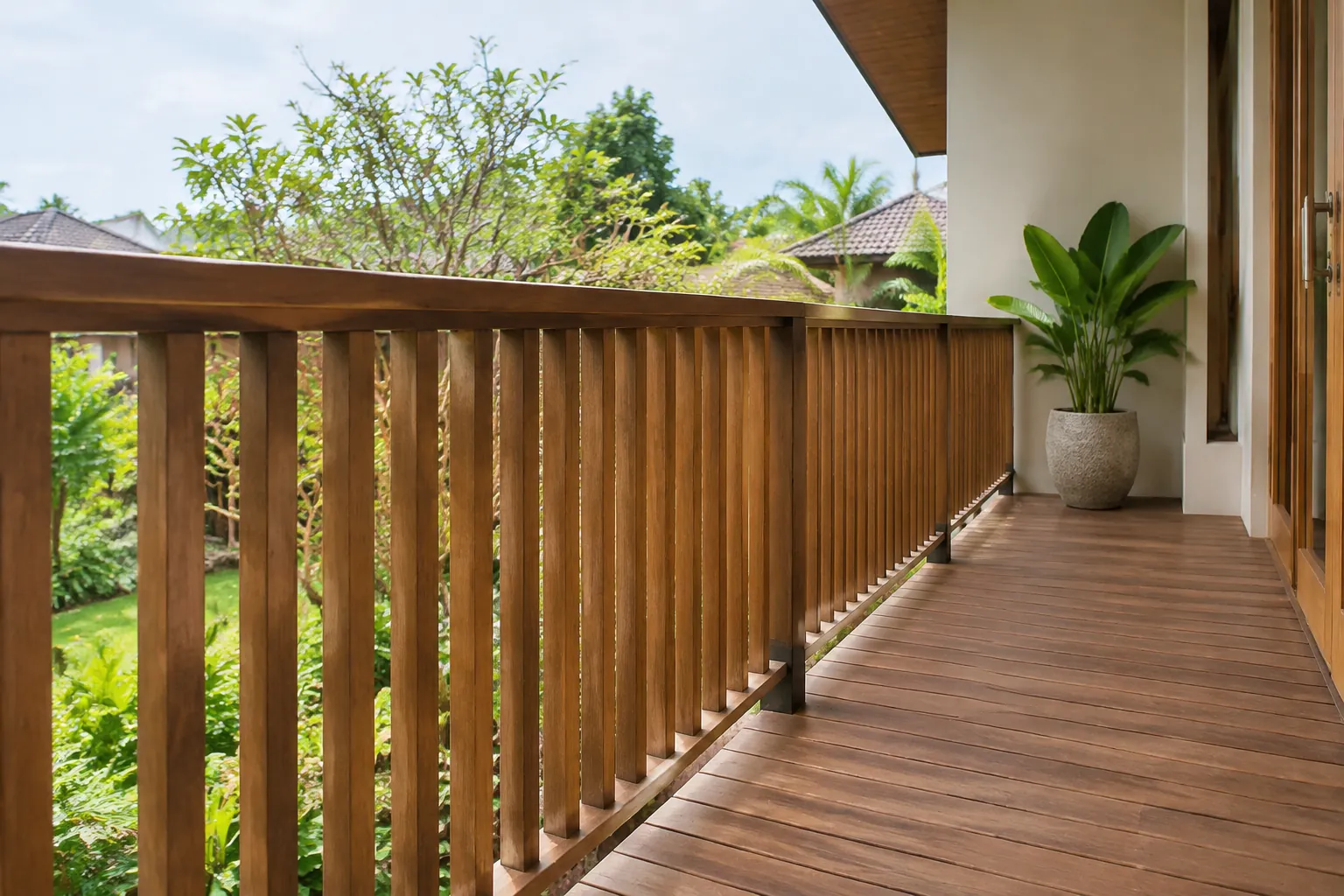 Pagar kayu membatasi balkon yang terpapar cuaca luar