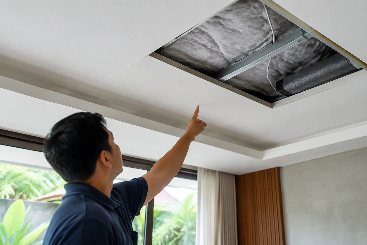 Seseorang menunjuk bukaan pemeriksaan pada plafon kamar