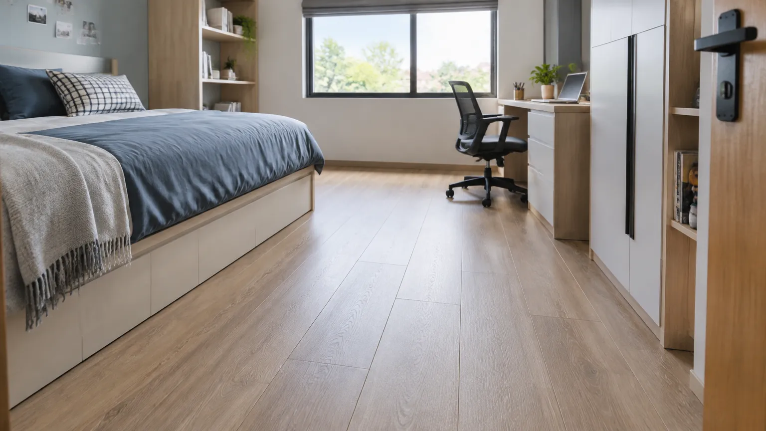 Kamar remaja dengan lantai berpola kayu