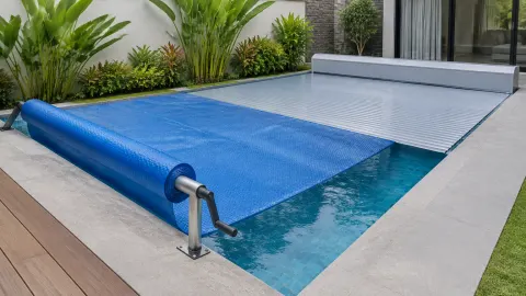 Penutup biru digulung melintasi permukaan kolam renang