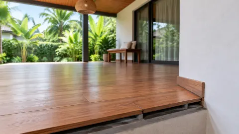 Lantai kayu teras rumah di lingkungan tropis