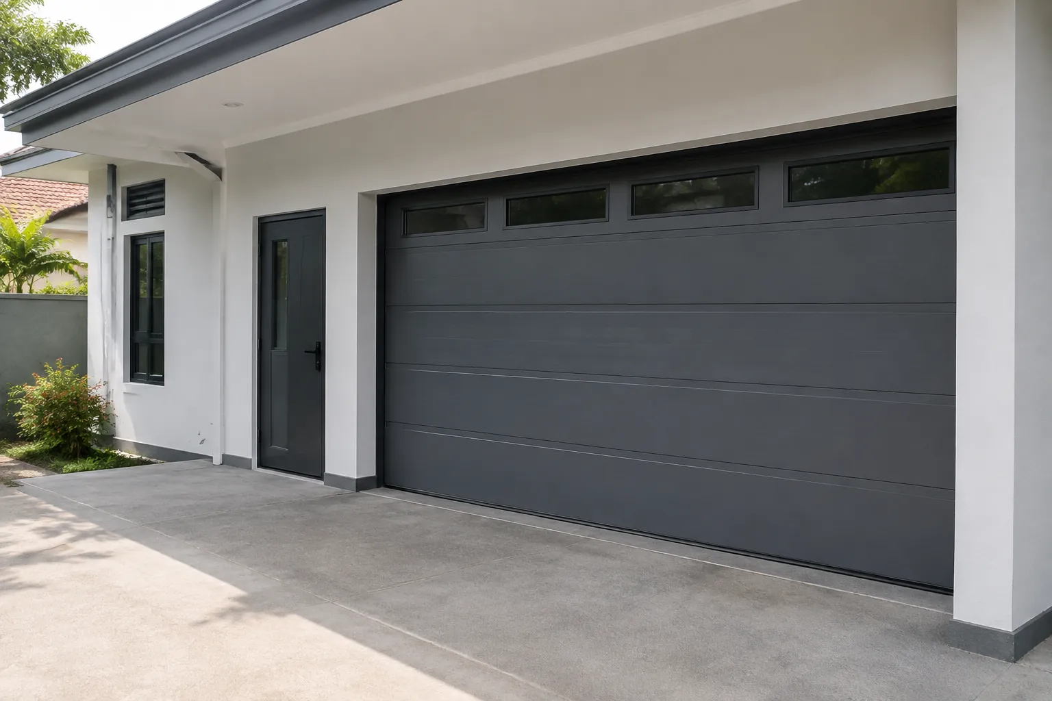 Pintu garasi lebar pada fasad rumah