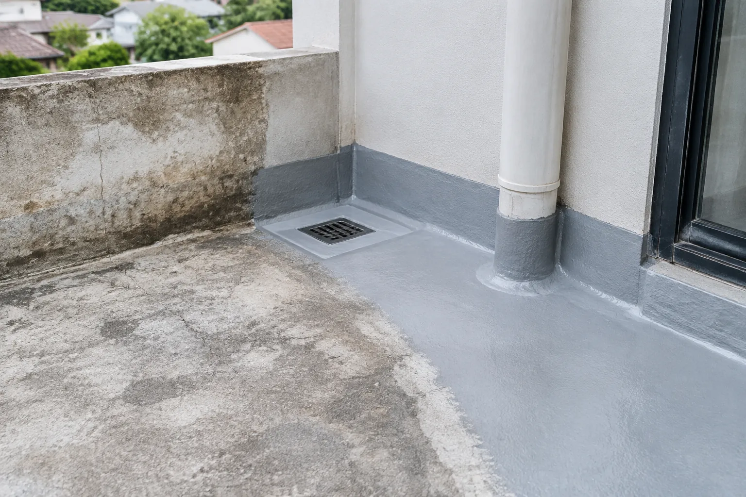 Lapisan waterproofing baru diterapkan pada tepi teras lama di sekitar pipa