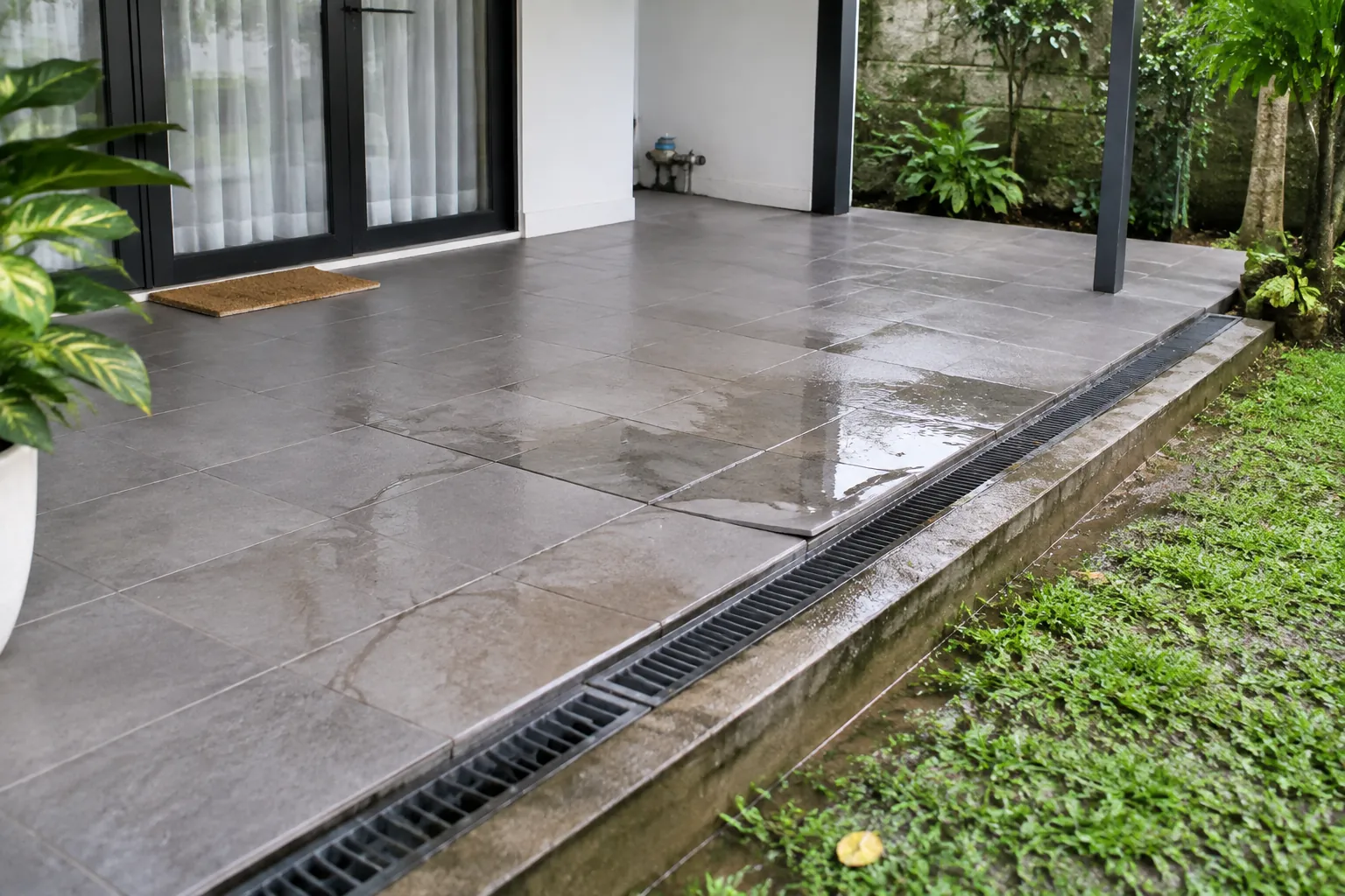 Air di lantai dekat grating.