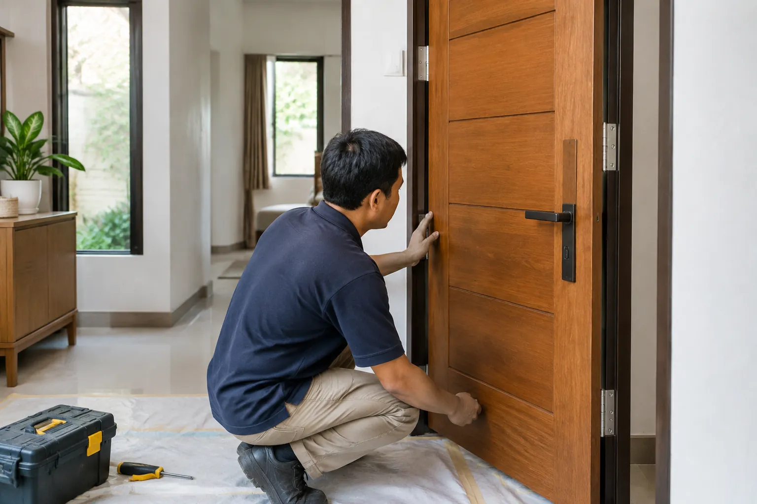 Pekerja memeriksa bagian bawah pintu kayu