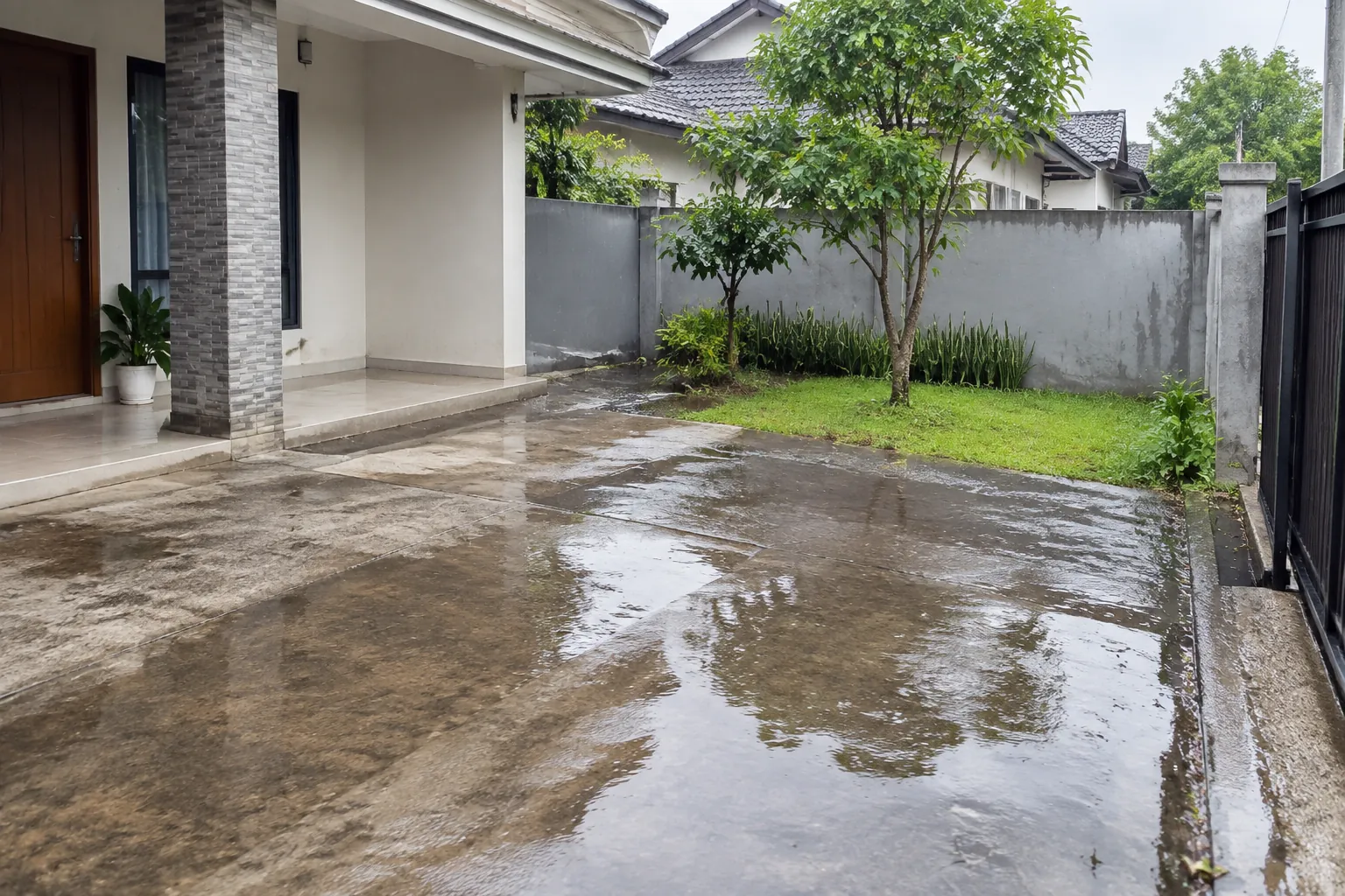 Genangan air hujan membentuk pita di sepanjang tepi carport