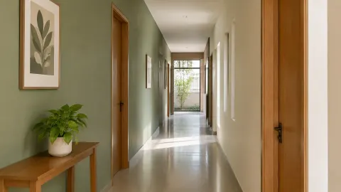 Lorong berwarna hijau pucat dengan cahaya dari ujungnya