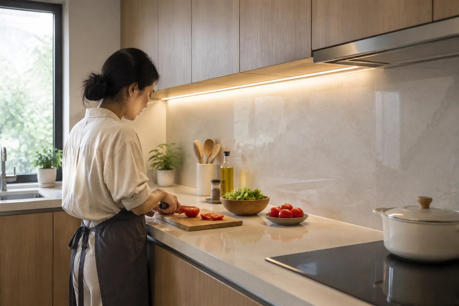Seseorang menyiapkan bahan makanan di bawah lampu kabinet