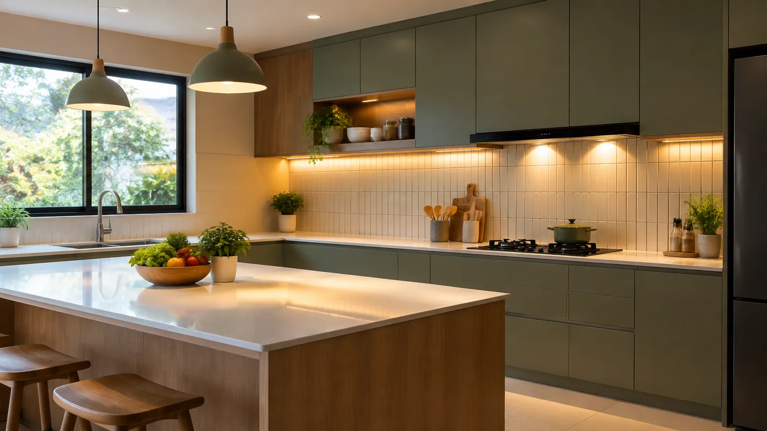 Dapur dengan lampu gantung dan lampu kerja di bawah kabinet