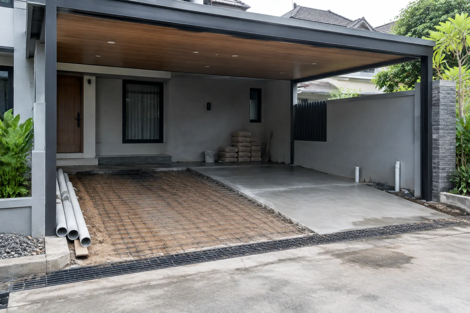Dua tahap lantai carport.