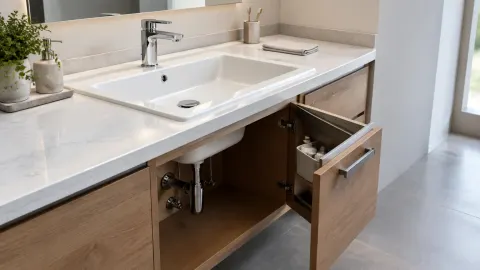 Wastafel dengan kabinet terbuka memperlihatkan pipa