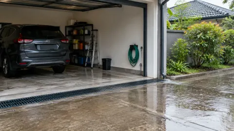 Garasi terbuka dengan mobil dan saluran air di depan lantai basah