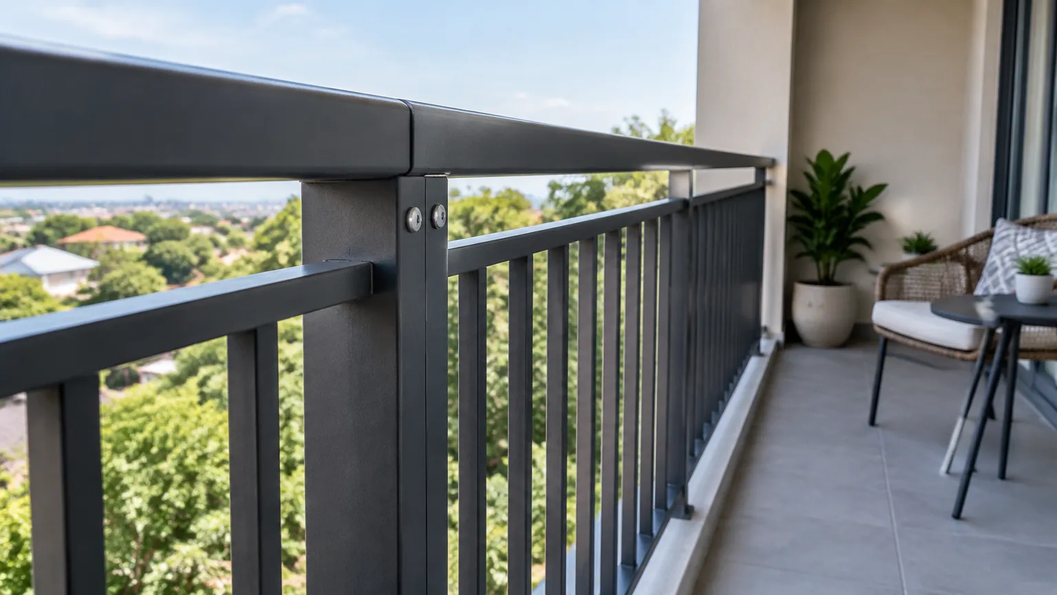 Railing balkon logam menghadap area luar