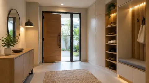 Foyer dengan lampu plafon dan pencahayaan rak samping