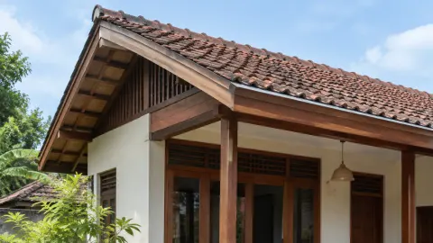 Rumah beratap genteng tanah liat dengan teras kayu